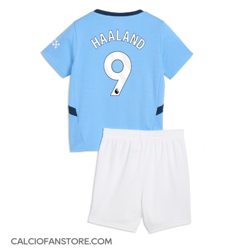 Maglia Calcio Manchester City Erling Haaland #9 Prima Divisa Bambino 2024-25 Manica Corta (+ pantaloncini)